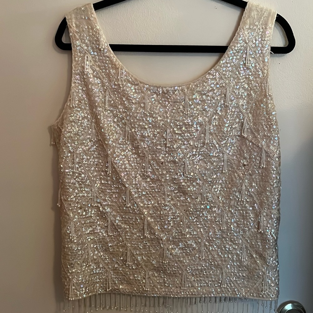 Vintage 1960s Macys beaded & sequin iridescent shift top silk & rayon size large